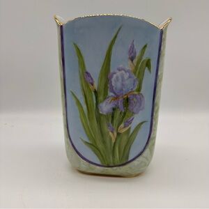 Vintage Iris Floral Elegant Vase with Gold Accents Gold Rimmed Edge Helen Rose
